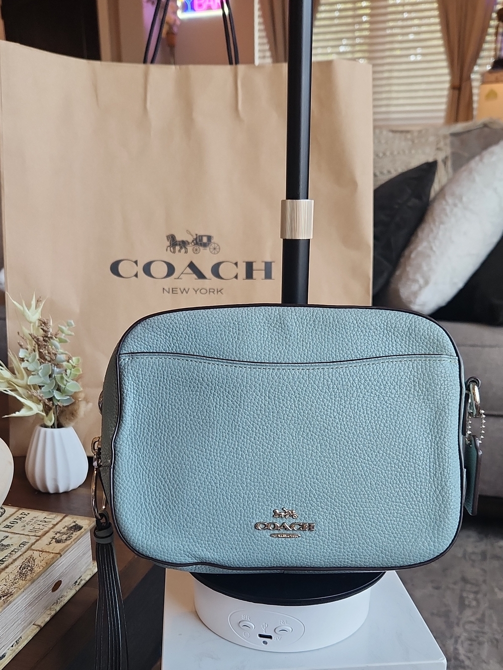 Coach Pebbled Leather Crossbody Bag in Sage Blue